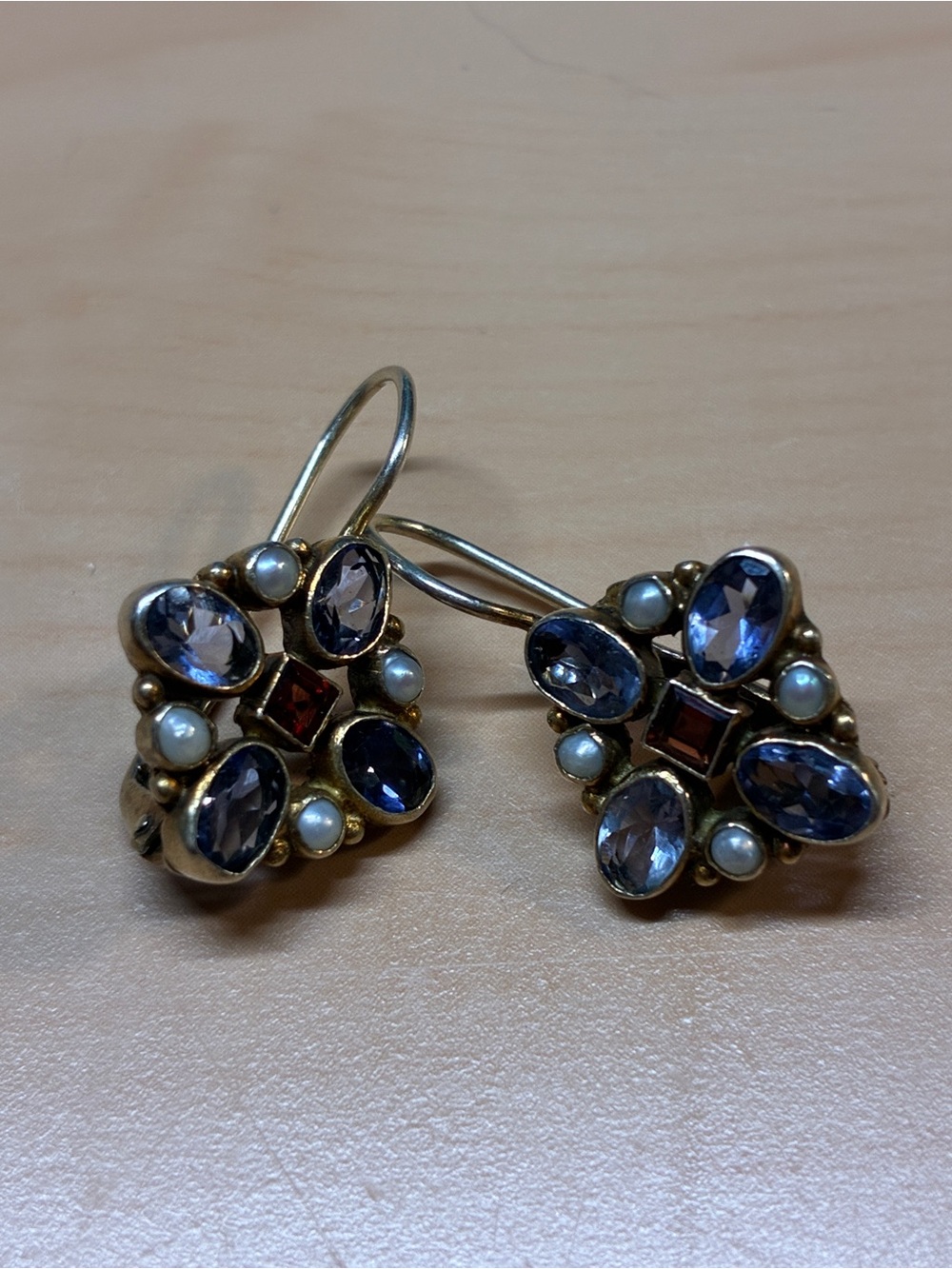 Vintage Sterling Silver Iolite, Garnet & Pearl Drop Earrings